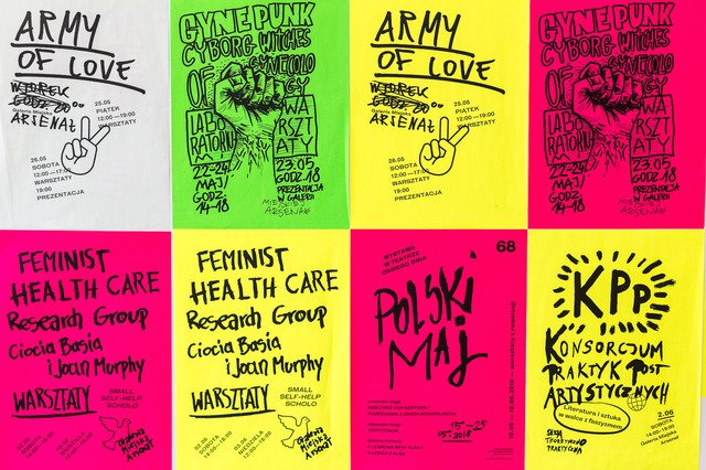 The first of six photographs documenting the exhibition Workshops of Revolution' shows eight colourful posters designed by the Bękarty studio. The posters are in bright colours: yellow, green and pink. The handwritten lettering on them announces the events and workshops during the exhibition.