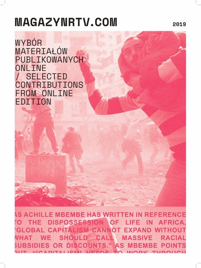 Magazine cover in dark pink on a white background. The picture on the front page shows a young man throwing a stone. Behind him are people running away in panic.