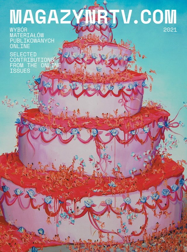 A magazine cover with a large image of a pink cake. Painted on the cake are people making love. The background is turquoise.