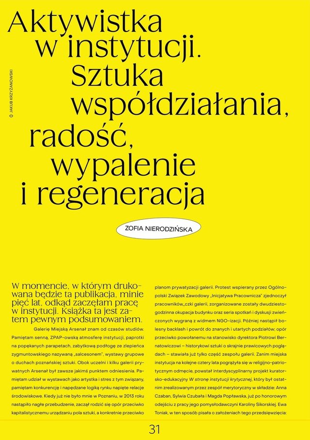A page from a book with a yellow background. In the background is the title of the article in Polish: Activist in an institution. Art of participation, joy, burnout, and regeneration.