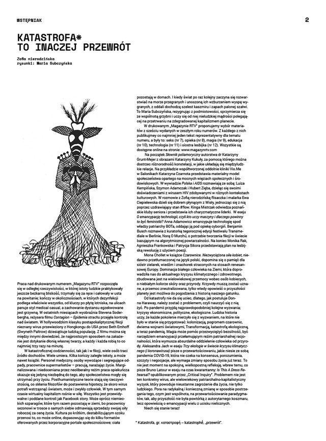Page with editorial text and graphic depicting a monk figure with an animal mask.