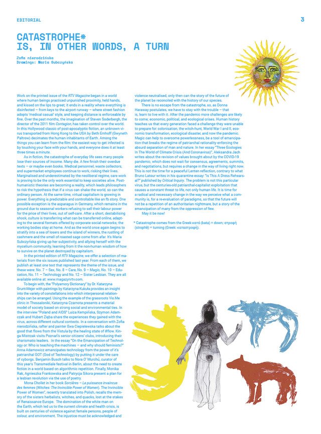 Page with a blue editorial text in English and small, colourful animal drawings on the bottom of the page.