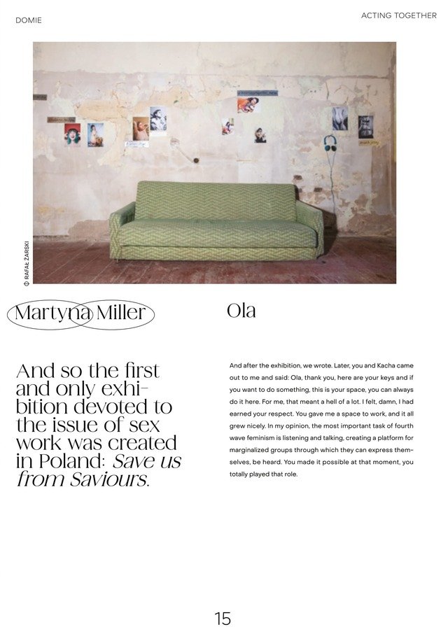 Another page of the publication with a photography of a sofa on the top of the page, and a lot of text on a white background