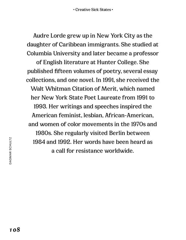 A page from the book with a biographical note of Audre Lorde