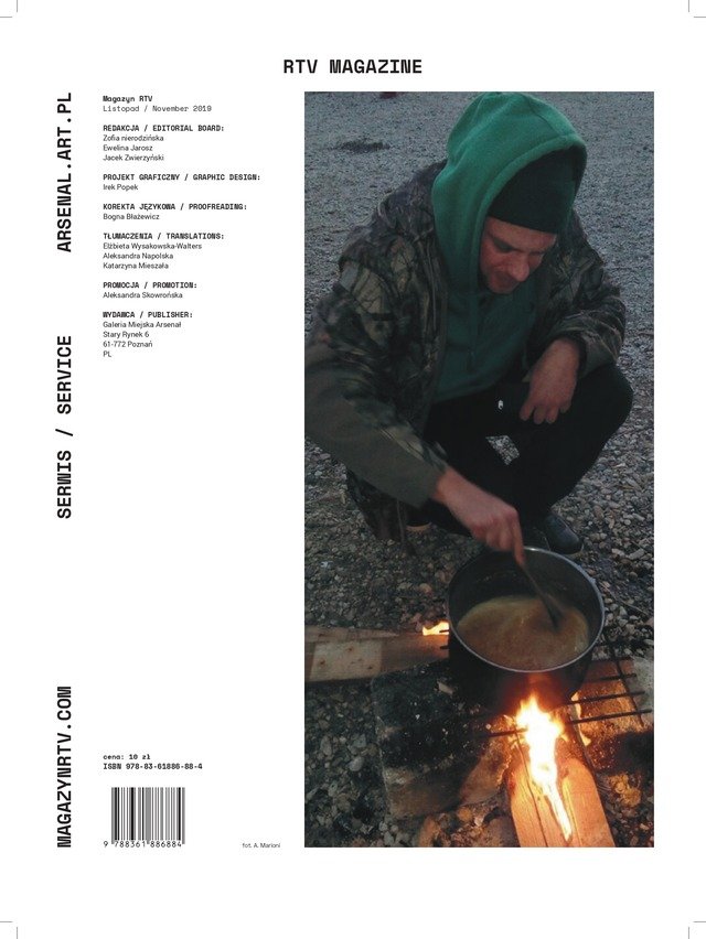 The last page of the magazine with an editorial footer and a photo of a man cooking soup outside.