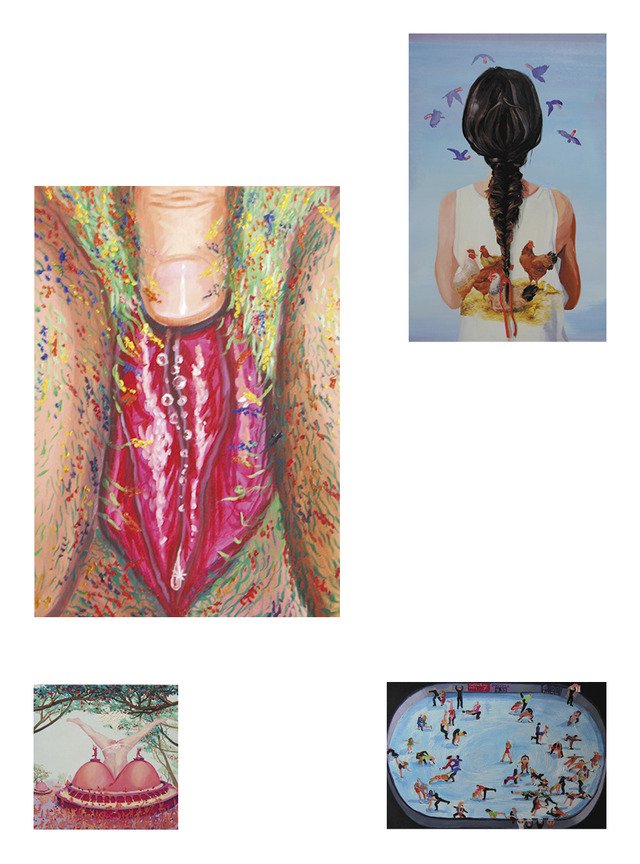 Magazine page with two reproductions of paintings, one with a pink and green vagina and the other, smaller with a girl's back and black braid.