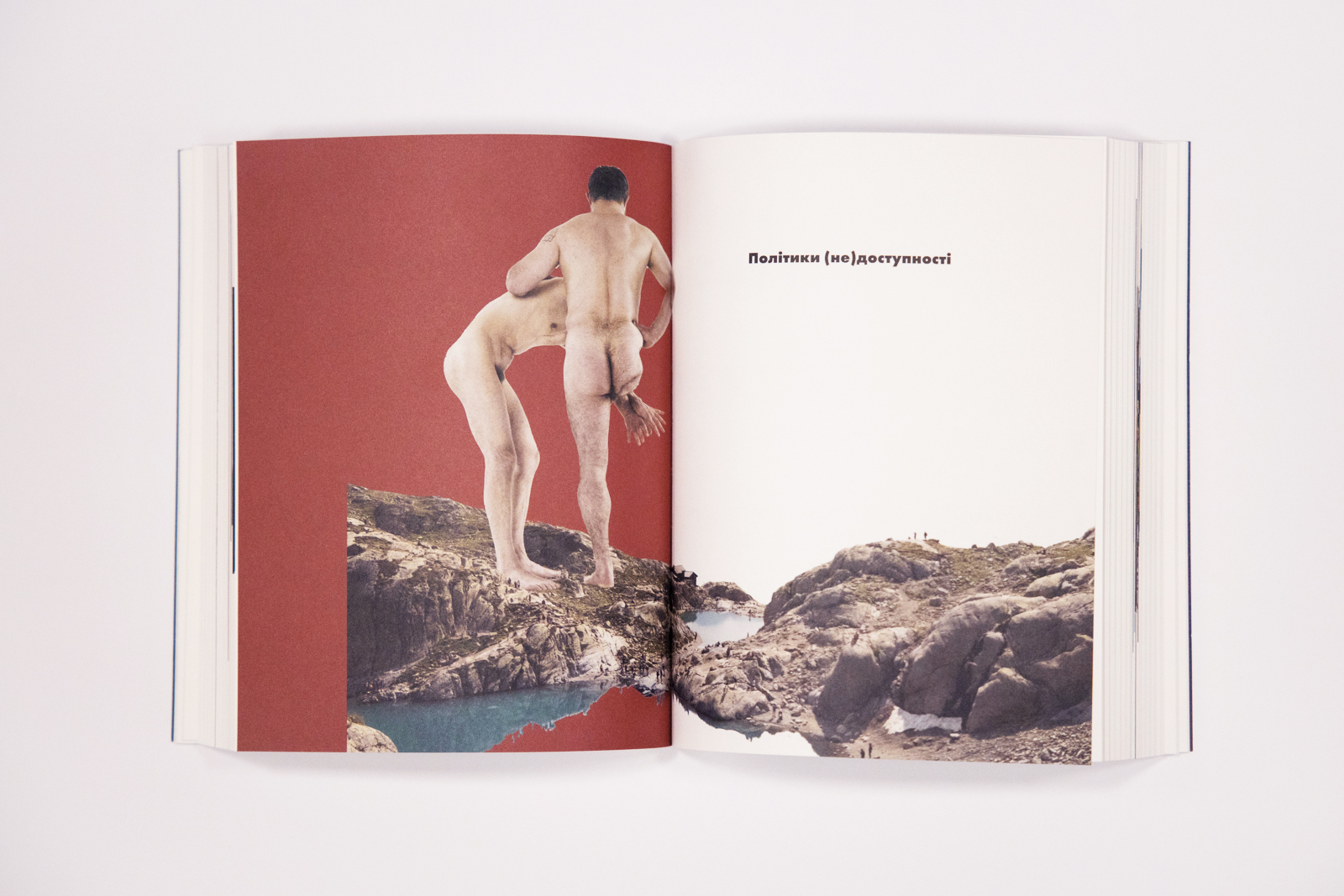 The book is opened to a page showing an artwork of two naked men. One has his right leg amputated, the other shows his hands under the amputated area. The figures are depicted against a red background.